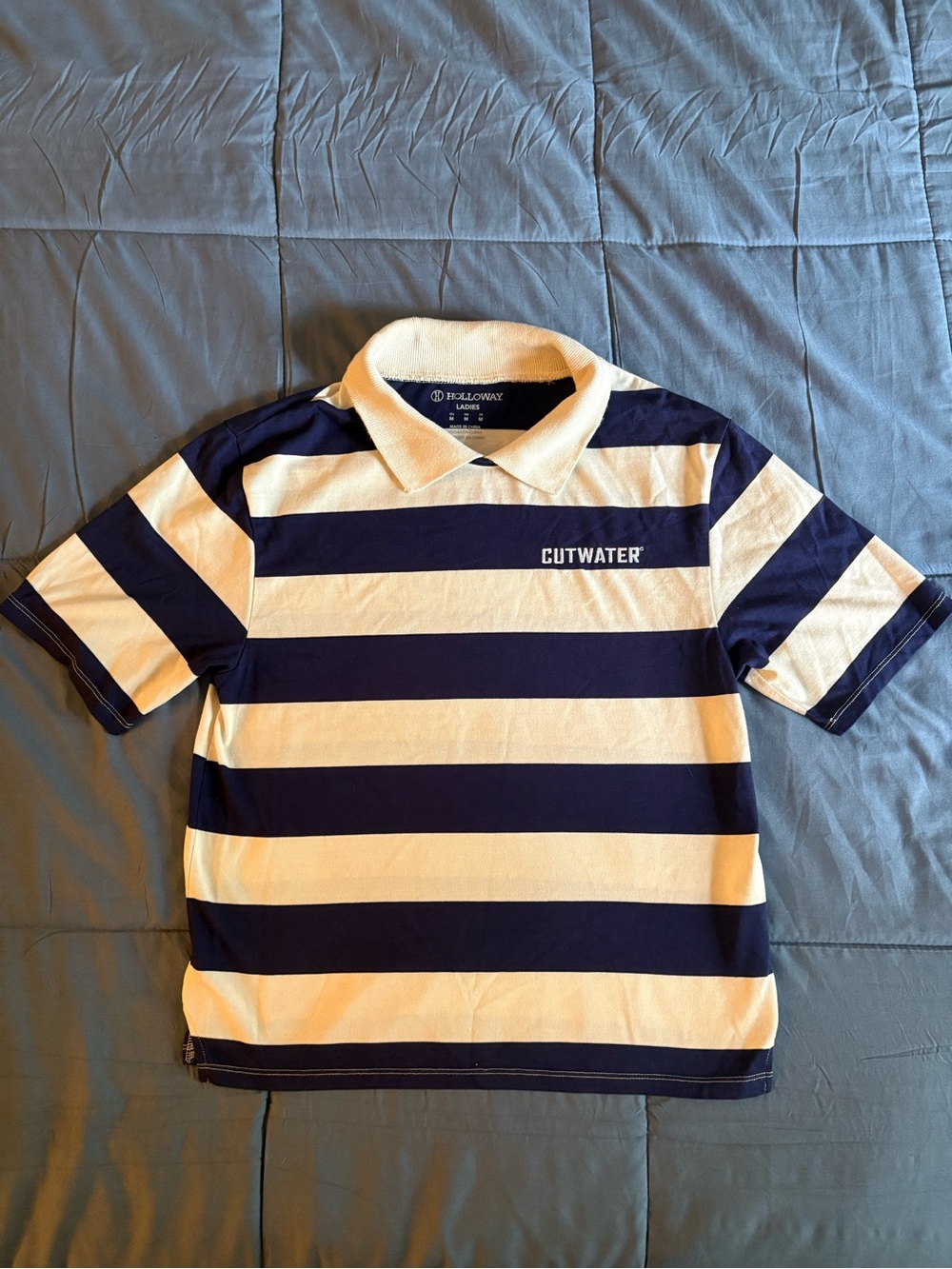 New Holloway Women’s Preppy Navy and Cream Striped Golf Polo Shirt Size M